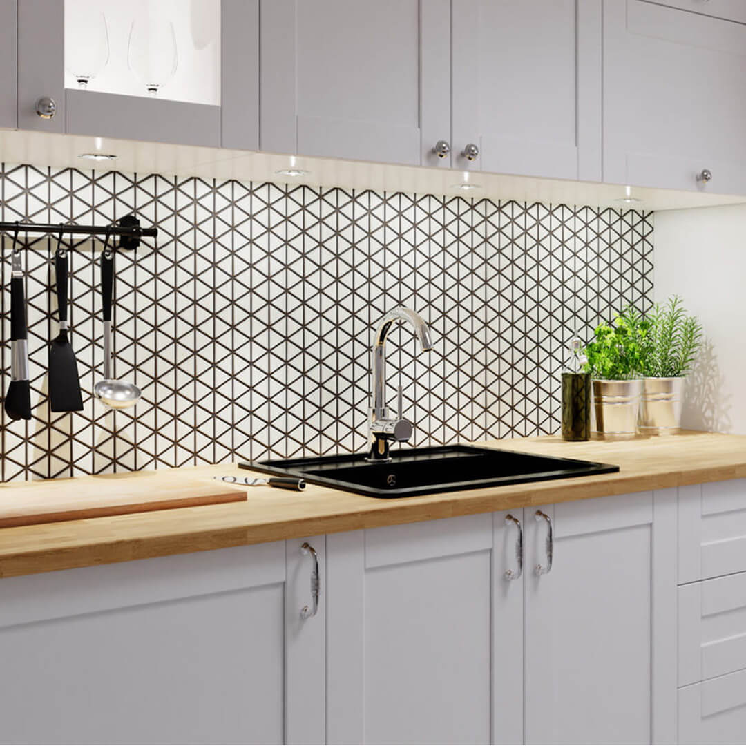 MOZAIKA CERAMICZNA TRIANGLE BLANKET SOFT CREMA BIAŁA aranzacja kuchnia