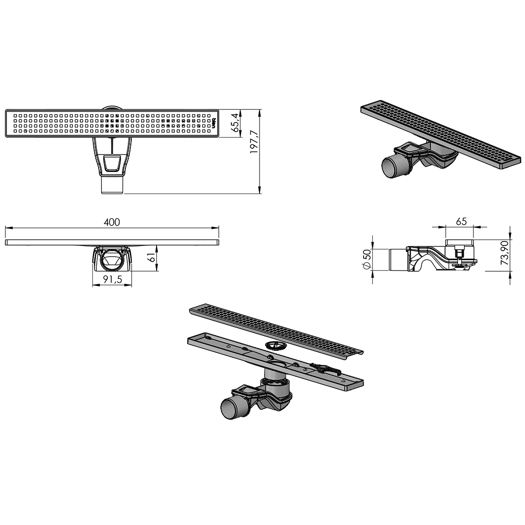 ODPŁYW LINIOWY CZARNY MAT 40 cm rys techniczny